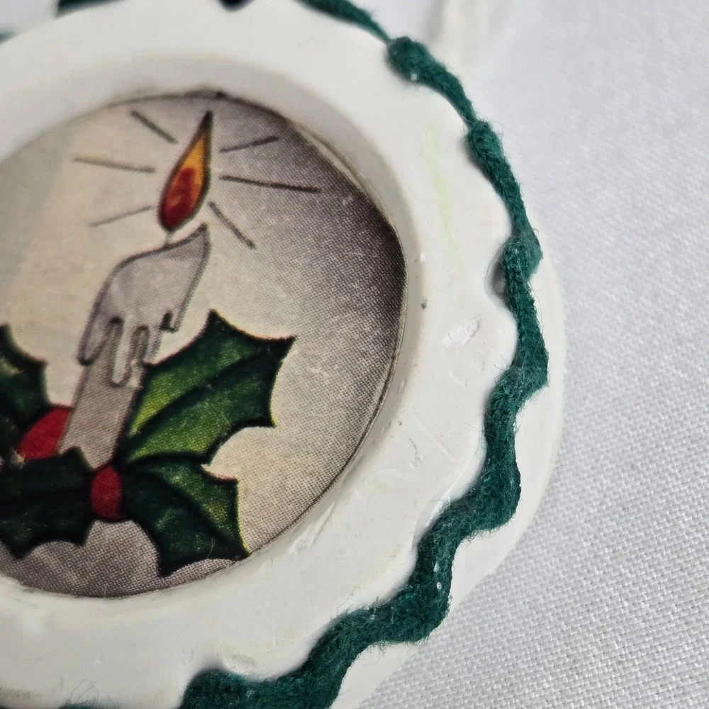 Handmade Candle & Holly Christmas Ornament White Green‎ 1.75